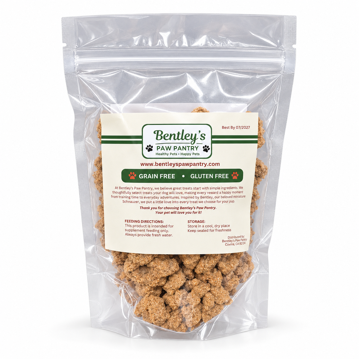Back label of Bentley's Paw Pantry oven-baked dog biscuits