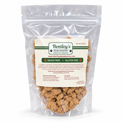 Back label of Bentley's Paw Pantry oven-baked dog biscuits
